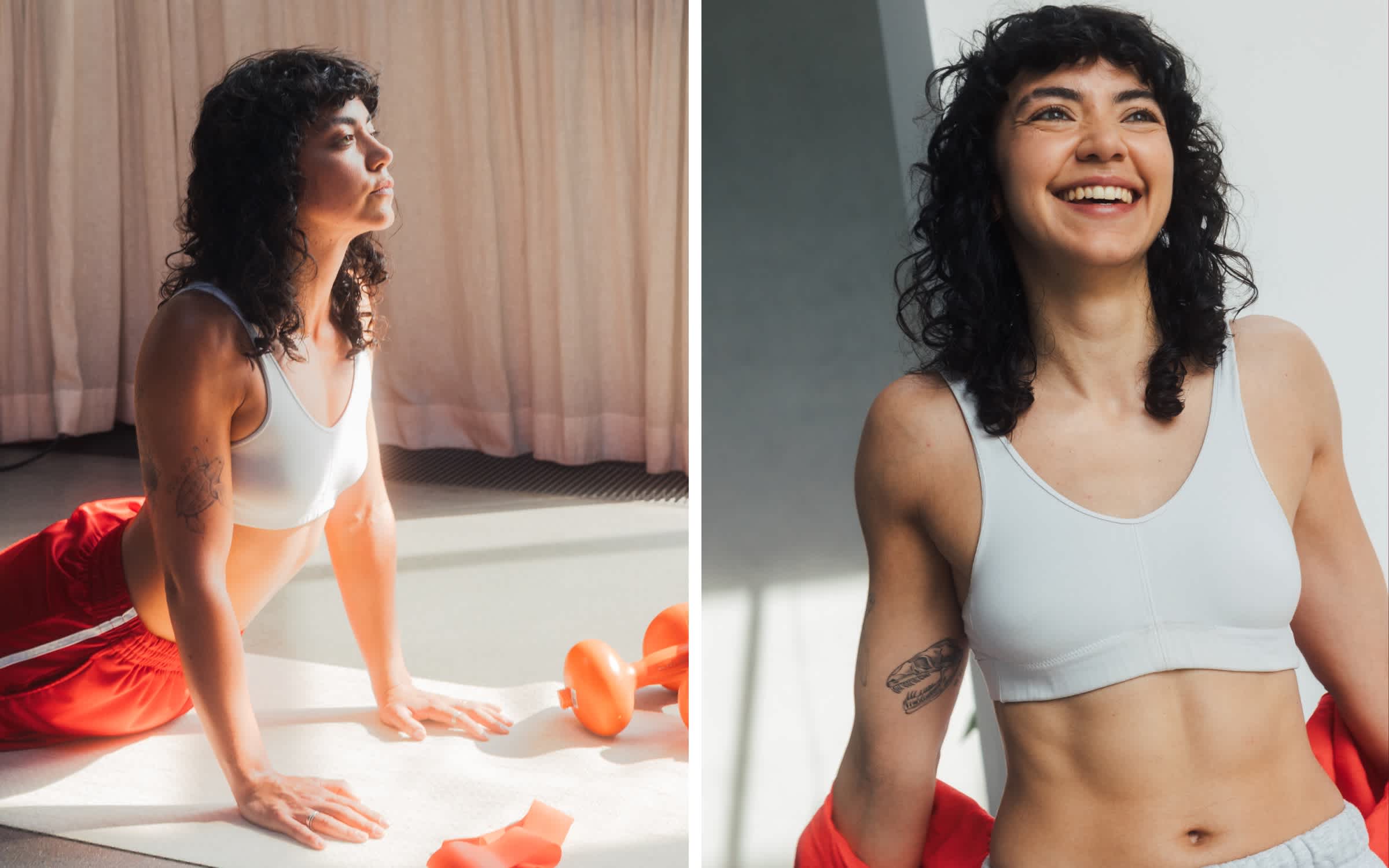Image on the left of Paula doing yoga and smiling on the right
