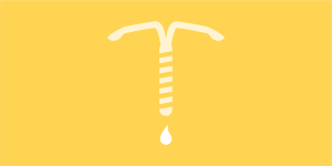 illustration of a IUD on a yellow background with a white drop 