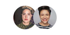 Portraits of Melina Gaze (with short bleached hair, brown eyes and wearing a leopard print top) and Dr. Sara C. Flowers (with brown hair, brown eyes, wearing red lipstick and smiling)