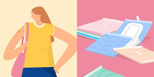 Una ilustración de una mujer y compresas menstruales.
