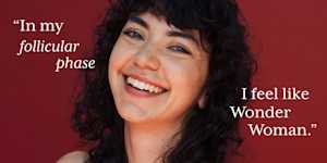 Headshot of Clue member Paula with text overlay "In my follicular phase, I feel like Wonder Woman"