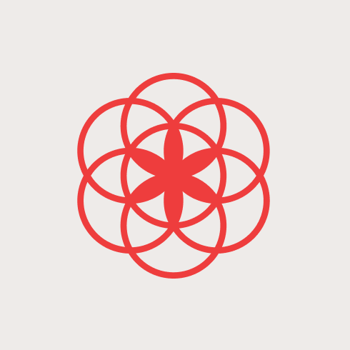 Illustration of the flower of life in red on a white circle, the clue logo