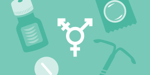 Uma ilustração do símbolo transgênero cercado por diferentes formas de controle de natalidade