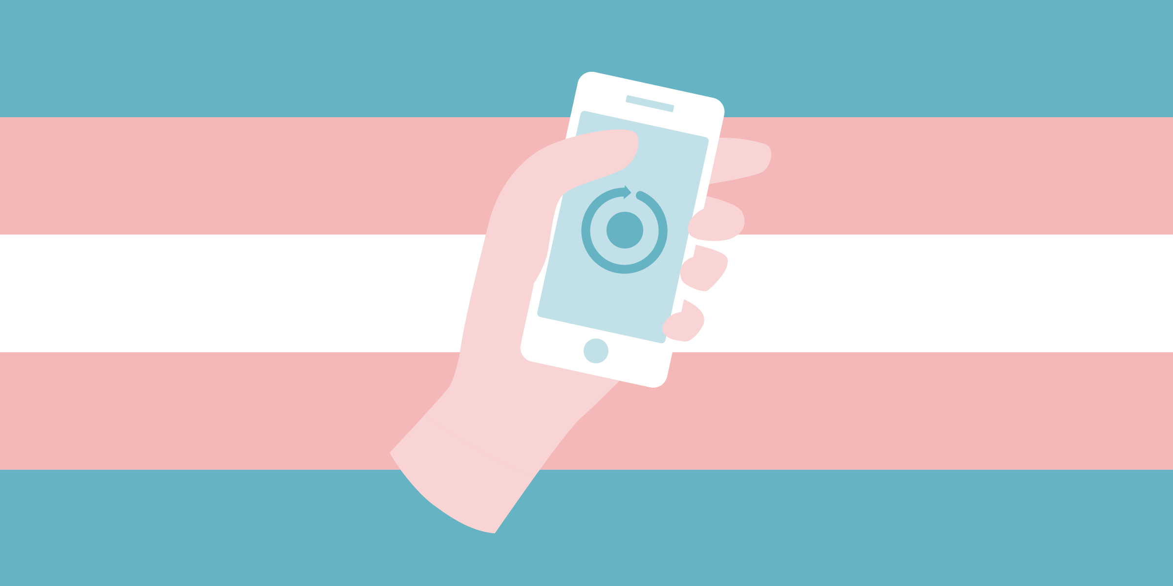 A hand holds a smartphone, showing a period tracker on screen. The transgender flag is in the background.