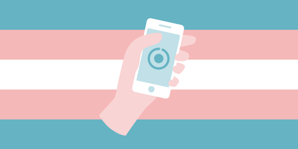 A hand holds a smartphone, showing a period tracker on screen. The transgender flag is in the background. 