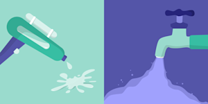 Illustration of two water sources: a leaking hose on the left and a running tap on the right, symbolizing the difference between female ejaculation and squirting