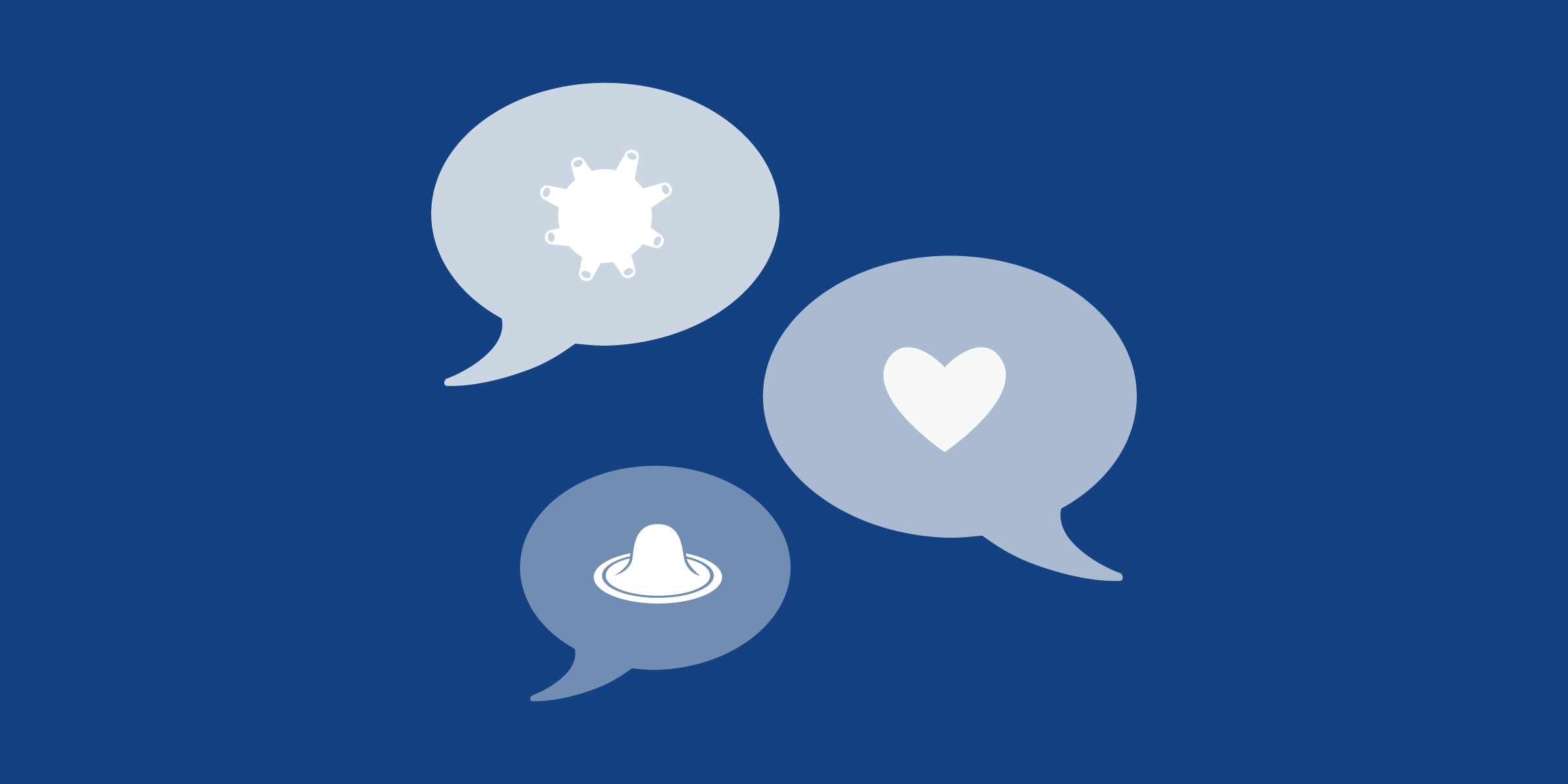 Três balões de fala: um contendo um vírus, um contendo um coração e outro um preservativo.