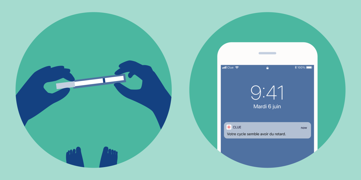 Illustration d'un test de grossesse et Clue app avec une notification "tardive"