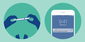 Illustration d'un test de grossesse et Clue app avec une notification "tardive"