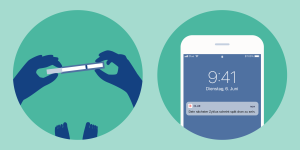 Illustration eines Schwangerschaftstests und Clue-App mit einer Benachrichtigung "verspätet"