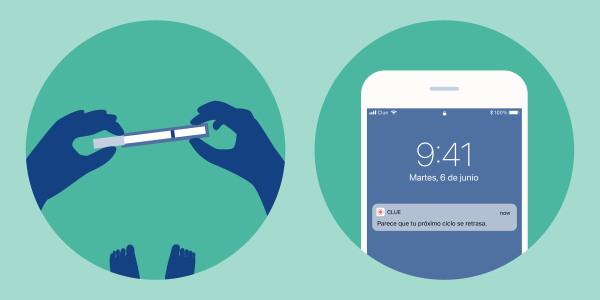Ilustración de una prueba de embarazo y de la aplicación Clue con una notificación de "retraso".