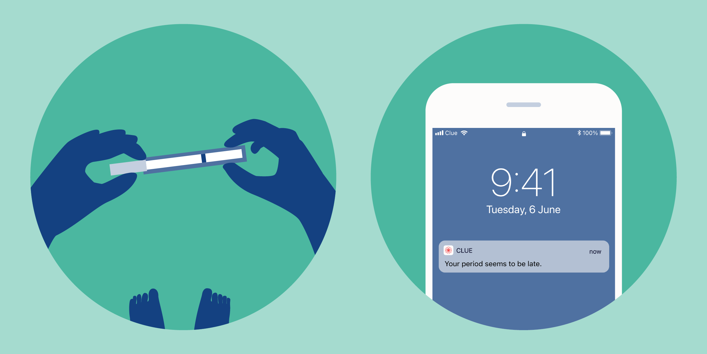 Illustrations of a pregnancy test and Clue app with a "period late" notification