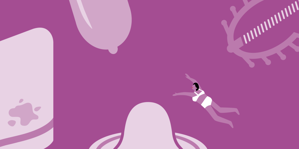 Una ilustración de una mujer nadando en una piscina grande con un DIU, un condón y el método de retiro.