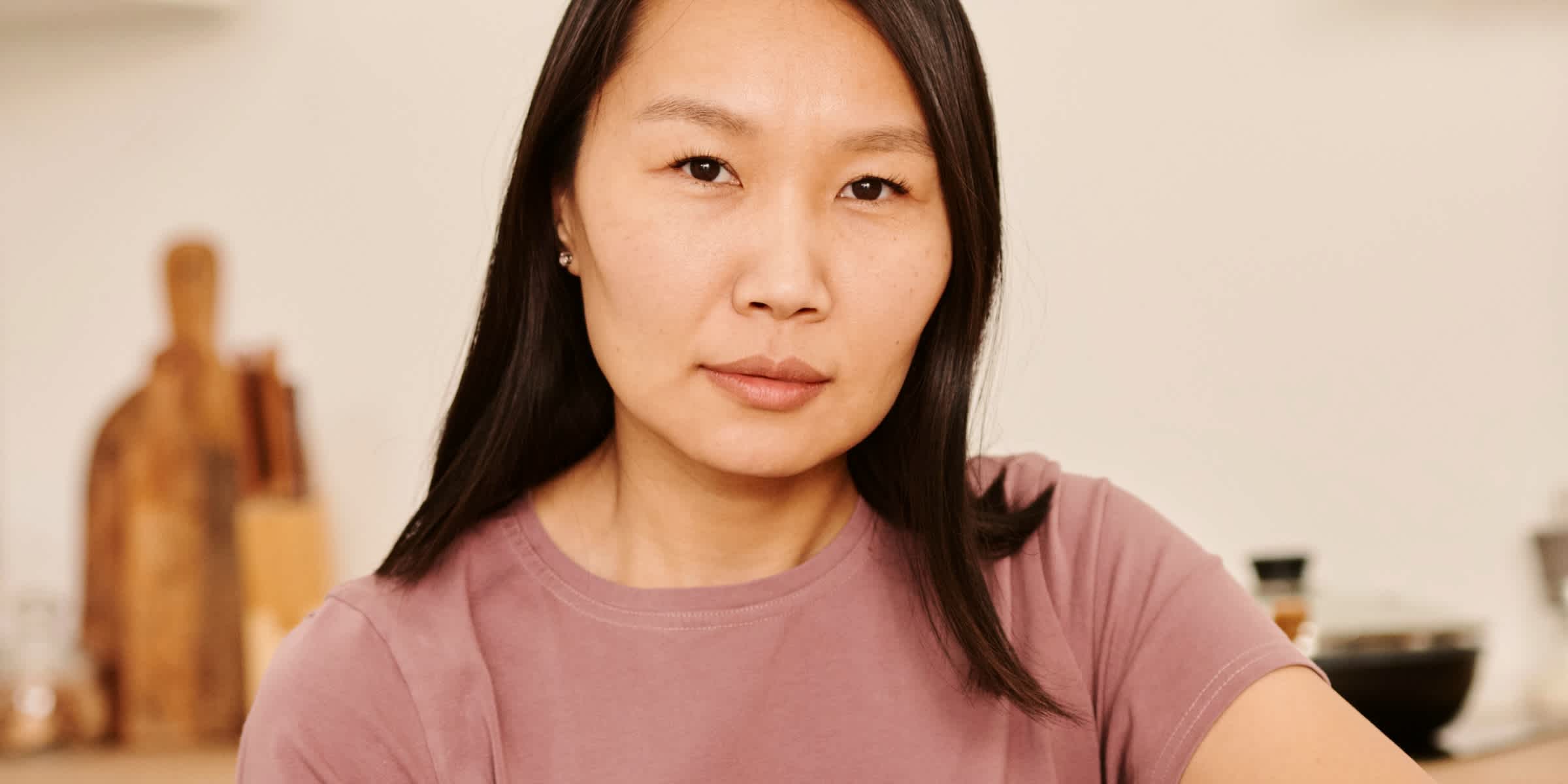 close up of a woman in a tshirt