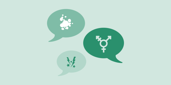 Three speech bubbles showing endometriosis tissue, the transgender symbol, and lightning bolts and stars to suggest pain