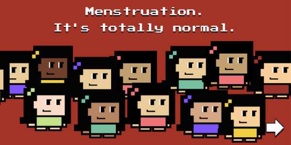 screenshot of the tampon run game showing several illustrations of young women. caption reads menstruation. it's totally normal.