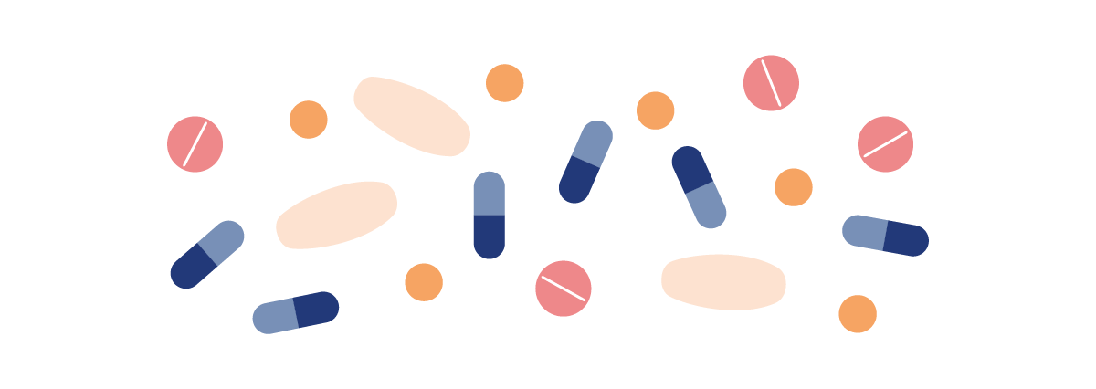 Ilustração de um conjunto de diferentes pílulas coloridas