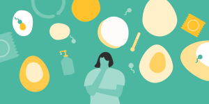 Illustration of a person reflecting on the risks of pregnancy, on a colored background of pregnancy-related images (eggs, sperm, condoms, etc.)
