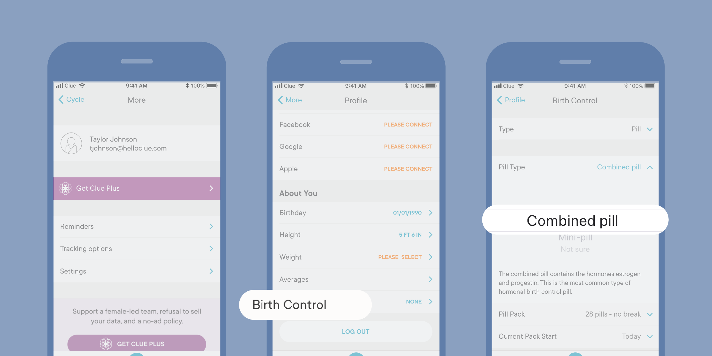 Clue app showing how to change your birth control options.
