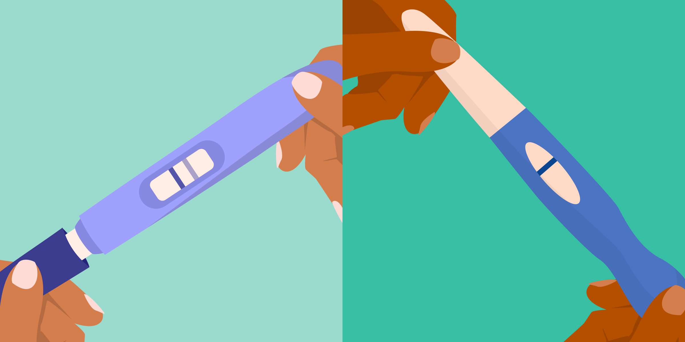 Zwei Hände halten Schwangerschaftstests