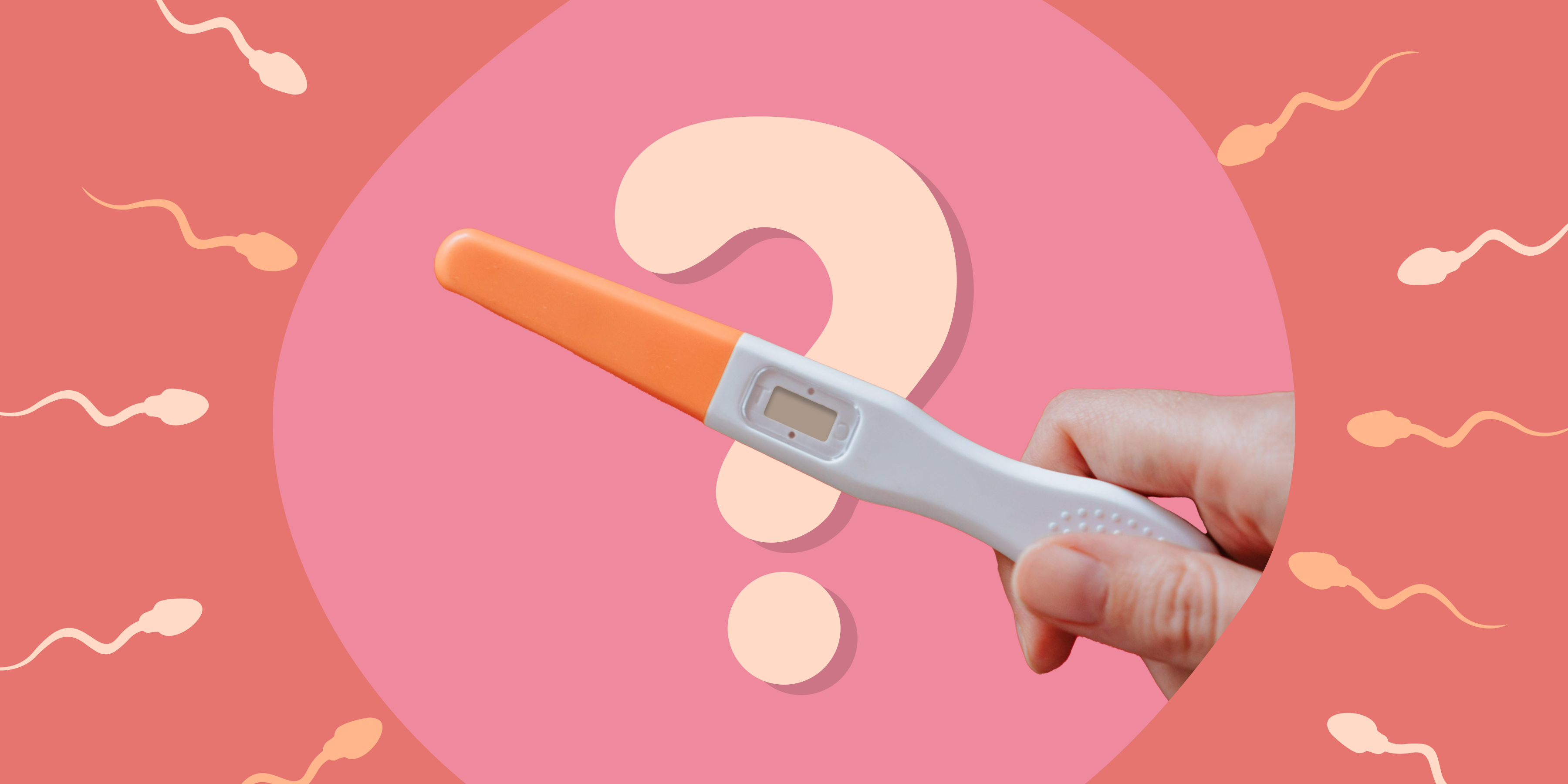 Hand holding a pregnancy test in front of a question mark, surrounded by swimming sperm