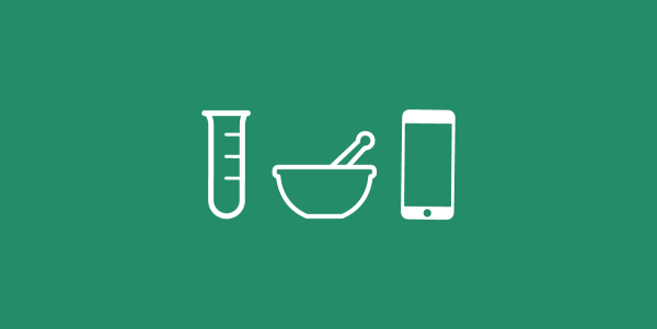illustration of 3 white outlined items on a green background, a test tube, a mortar and a phone
