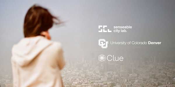 A woman looking over a city with air pollution. The logos of Senseable City Lab, University of Colorado Denver, and Clue overlay.