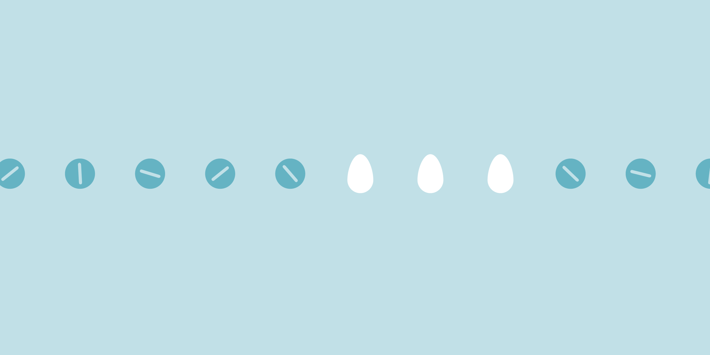 a row of blue pills and three white eggs on a light blue background