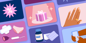 Illustration of a gift, a ring, and various period products to show Clue Plus Perks