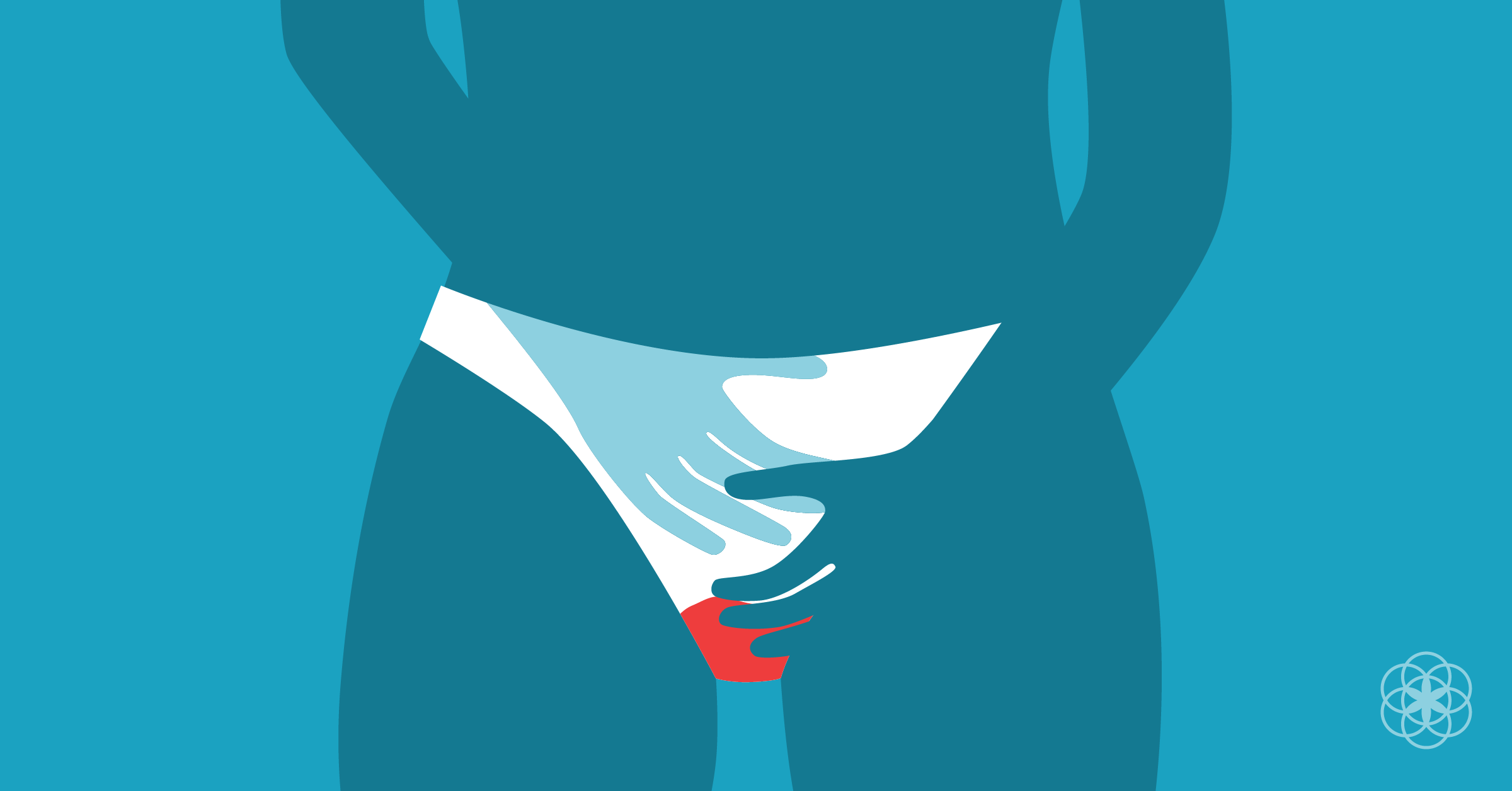 Der Oberkörper, die Arme und Beine einer Person, die nur mit Menstruationsblut befleckte Höschen trägt, mit einer Hand im Höschen.