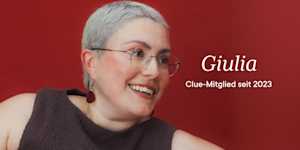 Headshot of Clue member Giulia with text overlay "Giulia Clue member since 2023"