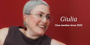 Headshot of Clue member Giulia with text overlay "Giulia Clue member since 2023"