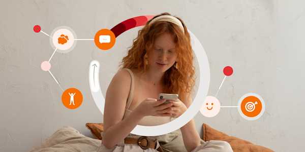 Woman with long red curly hair sitting on a bed and looking at her phone, surrounded by illustrated icons representing mood, communication, and wellness, connected in a circular flow.