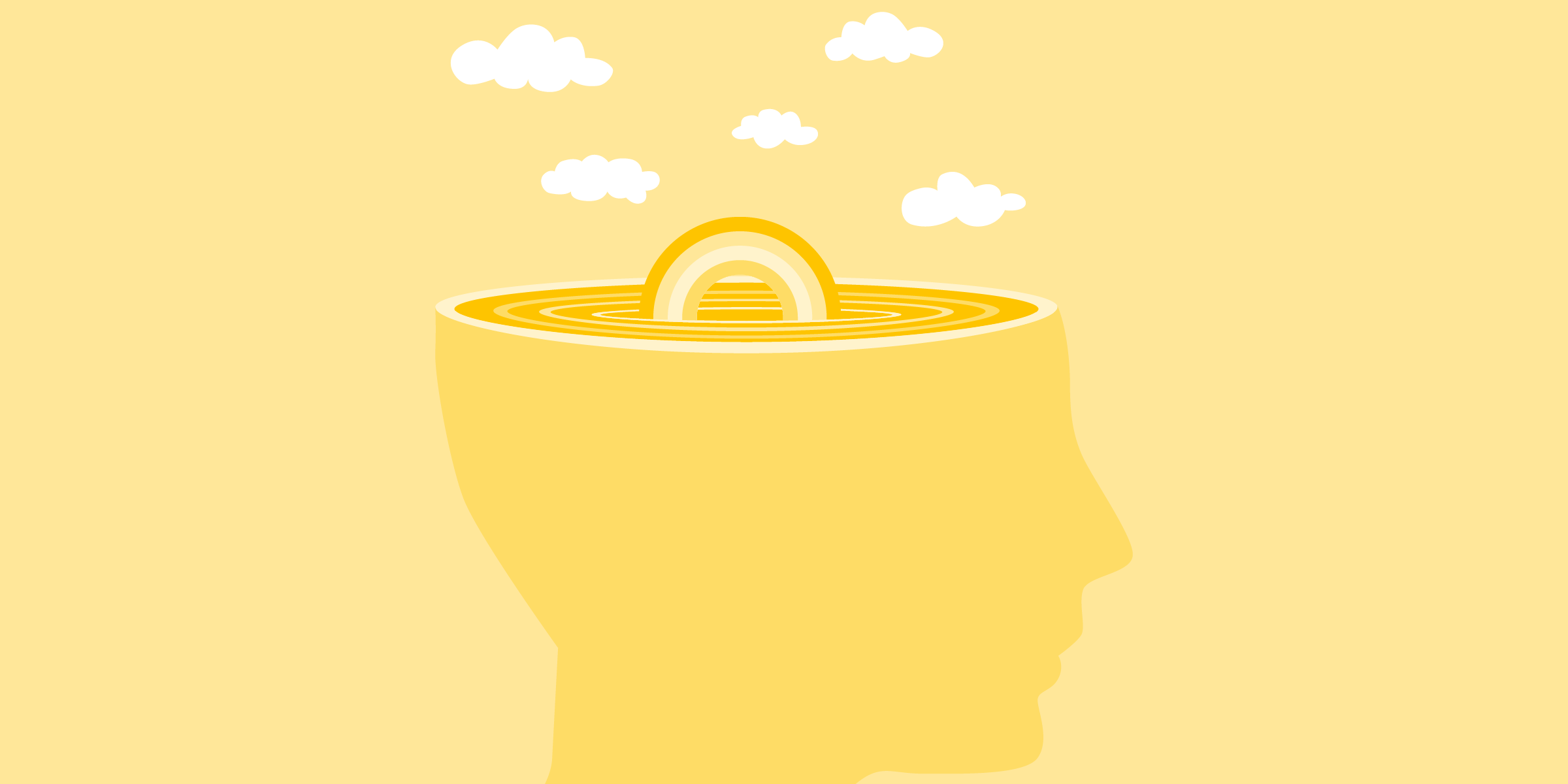 A head in side profile, with the top third removed in a transverse plane, with a rainbow creating ripples and clouds. The tone is relaxed and at peace.