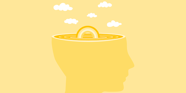 A head in side profile, with the top third removed in a transverse plane, with a rainbow creating ripples and clouds. The tone is relaxed and at peace.