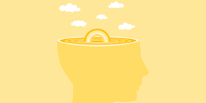 A head in side profile, with the top third removed in a transverse plane, with a rainbow creating ripples and clouds. The tone is relaxed and at peace.