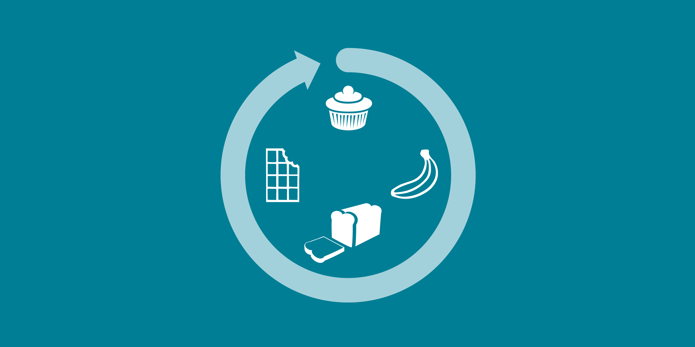 illustration of a light blue circle wrapped around a choclate bar, a banana, a loaf of bread and a muffin, some clue nutrition icons