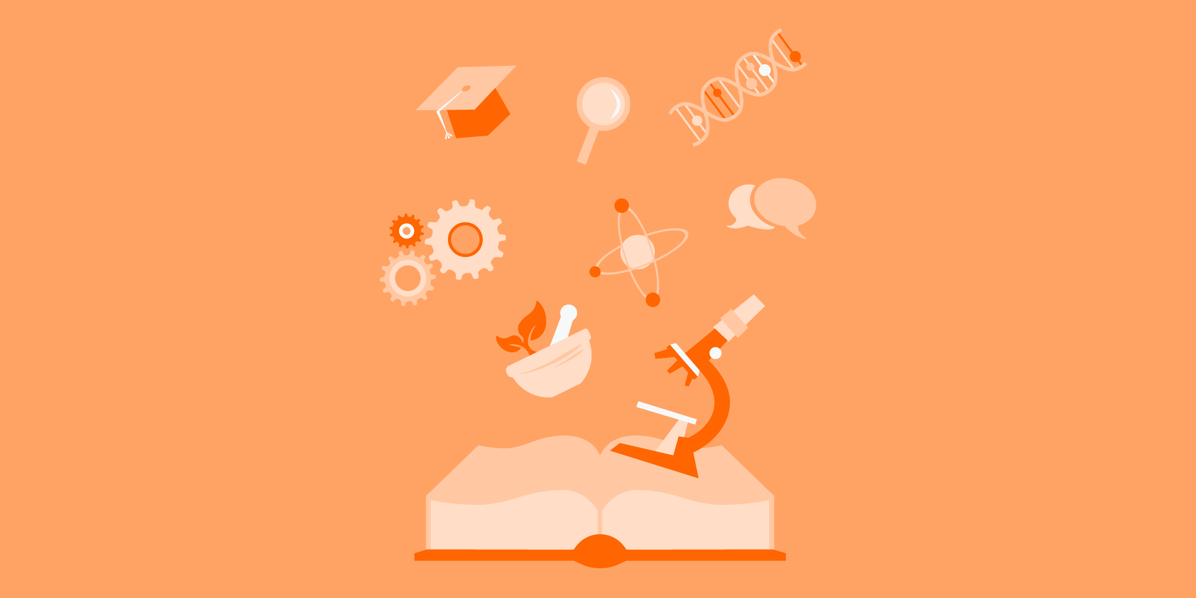 Science textbook book with items floating out of it, dna, microscope, gears, magnifying glass