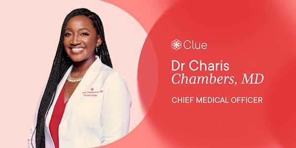 Photo of Dr. Charis Chambers, MD, next to Clue logo and text which reads: 'Chief Medical Officer"
