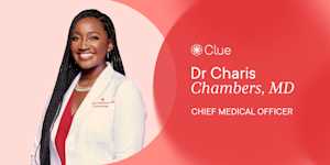 Photo of Dr. Charis Chambers, MD, next to Clue logo and text which reads: 'Chief Medical Officer"