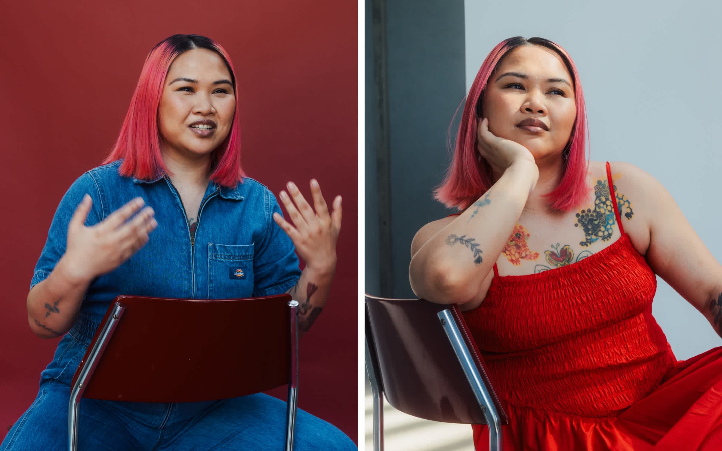 Brianna is sitting in a chair, wearing a denim jumpsuit on the left and gesticulating and wearing a red dress on the right