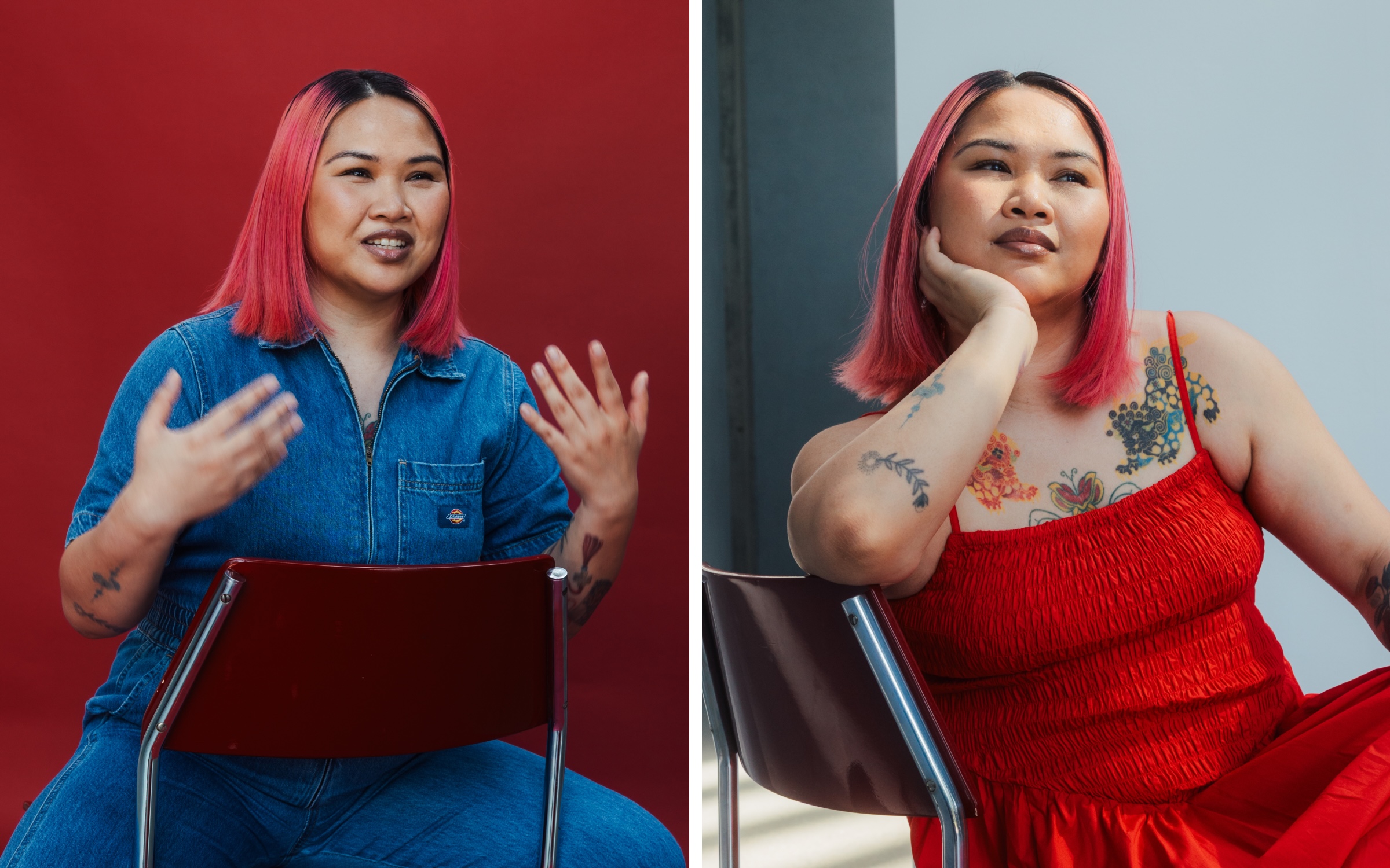 Brianna is sitting in a chair, wearing a denim jumpsuit on the left and gesticulating and wearing a red dress on the right