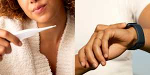 woman holding a thermometer and a person with a smart watch on their wrist