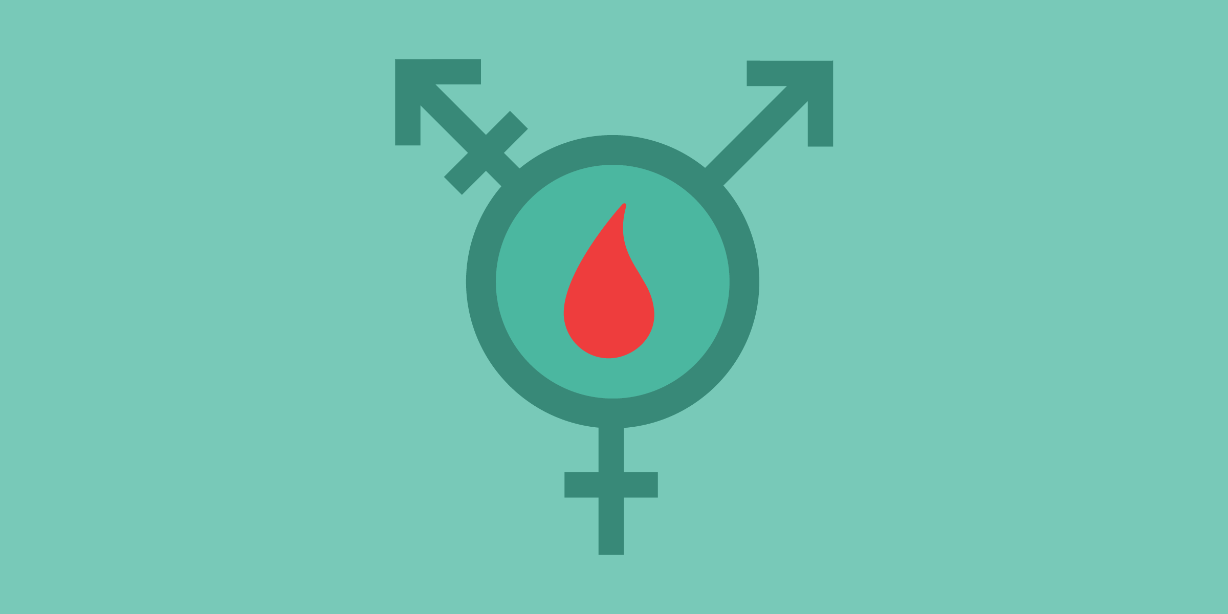 the transgender symbol in teal with a red drop of blood in the middle of the circle
