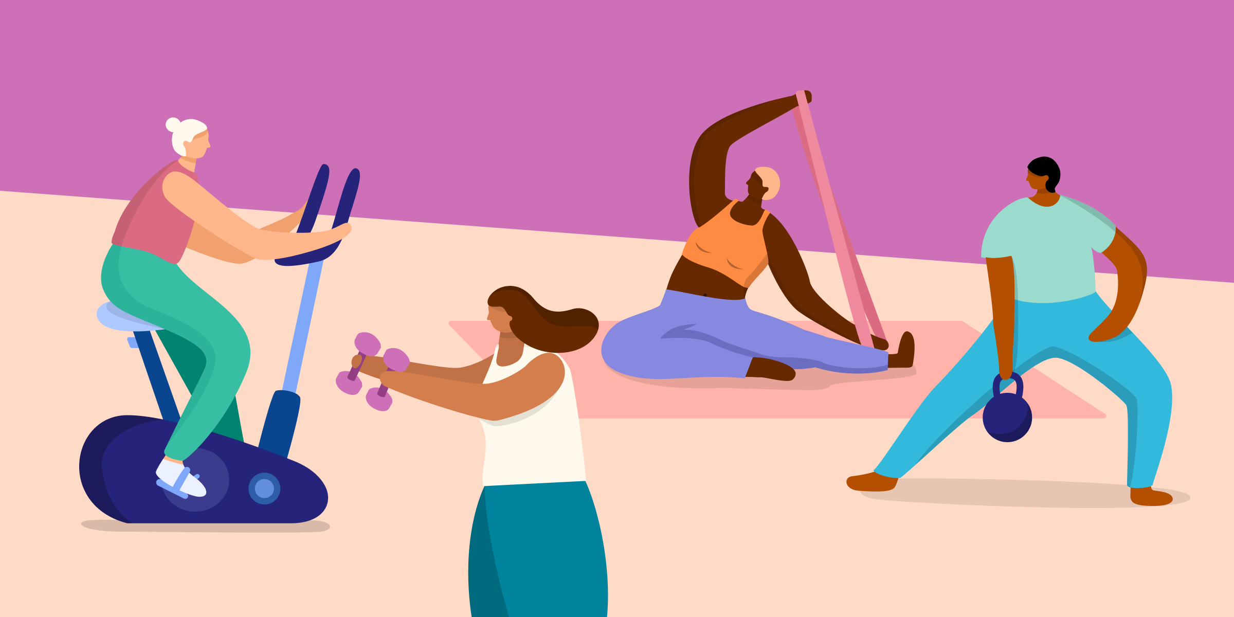 Illustration, die drei sportliche Aktivitäten zeigt. Von links nach rechts: Gewichtheben, Laufbahn, Tennis.