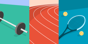 Illustration depicting three sporting activities. From left to right: Weight lifting, running track, tennis.