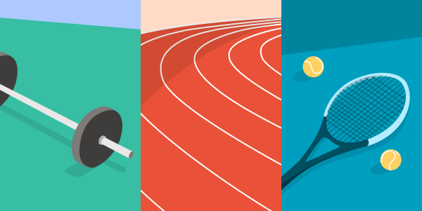 Ilustração representando três atividades esportivas. Da esquerda para a direita: levantamento de peso, pista de corrida, tênis.