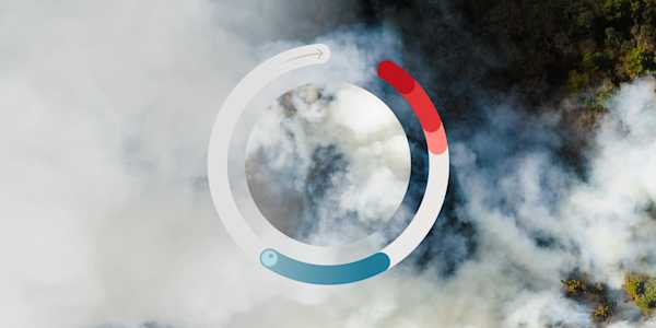 Aerial view of a forest area covered in thick smoke, overlaid with a circular data visualization showing progress or metrics in blue and red segments