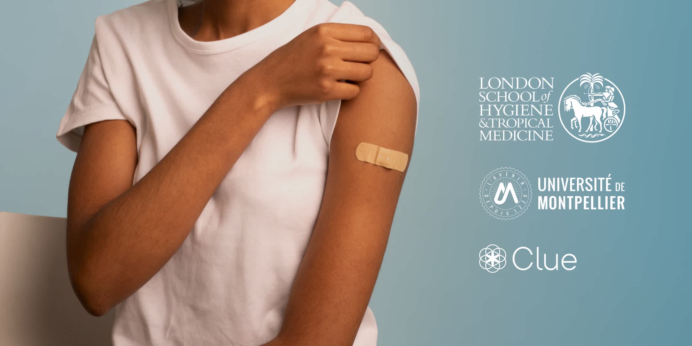 Photo of a person vaccinated with a Band-Aid on their arm. Logos of the London School of Hygiene & Tropical Medicine and Clue's logo