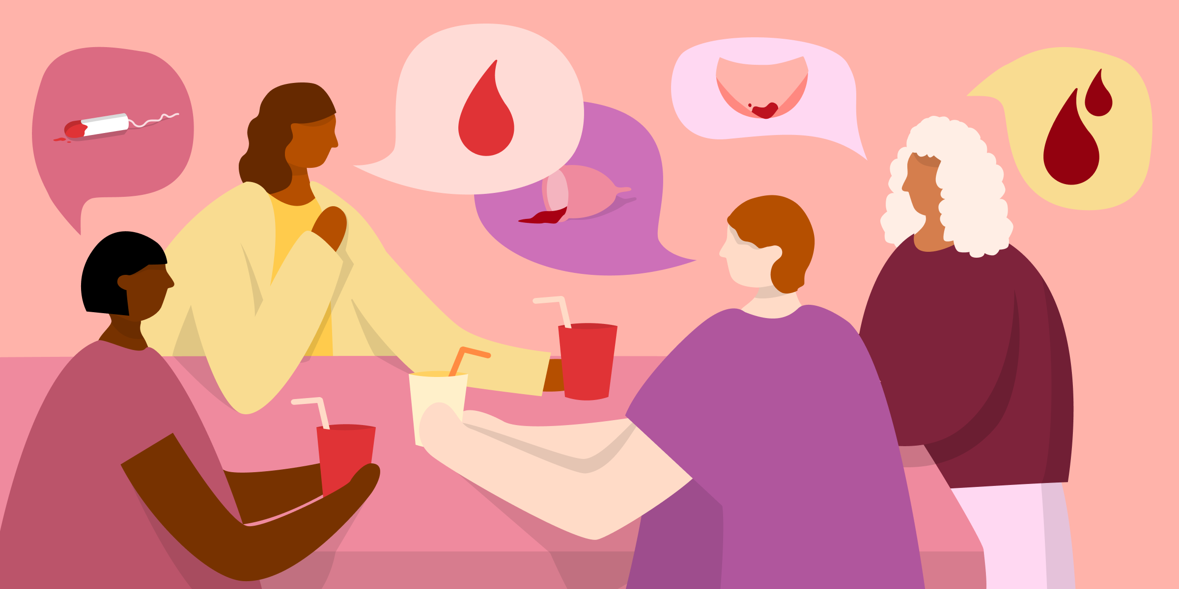 Ilustração de três balões de conversa com gotas de sangue menstrual em cada um deles